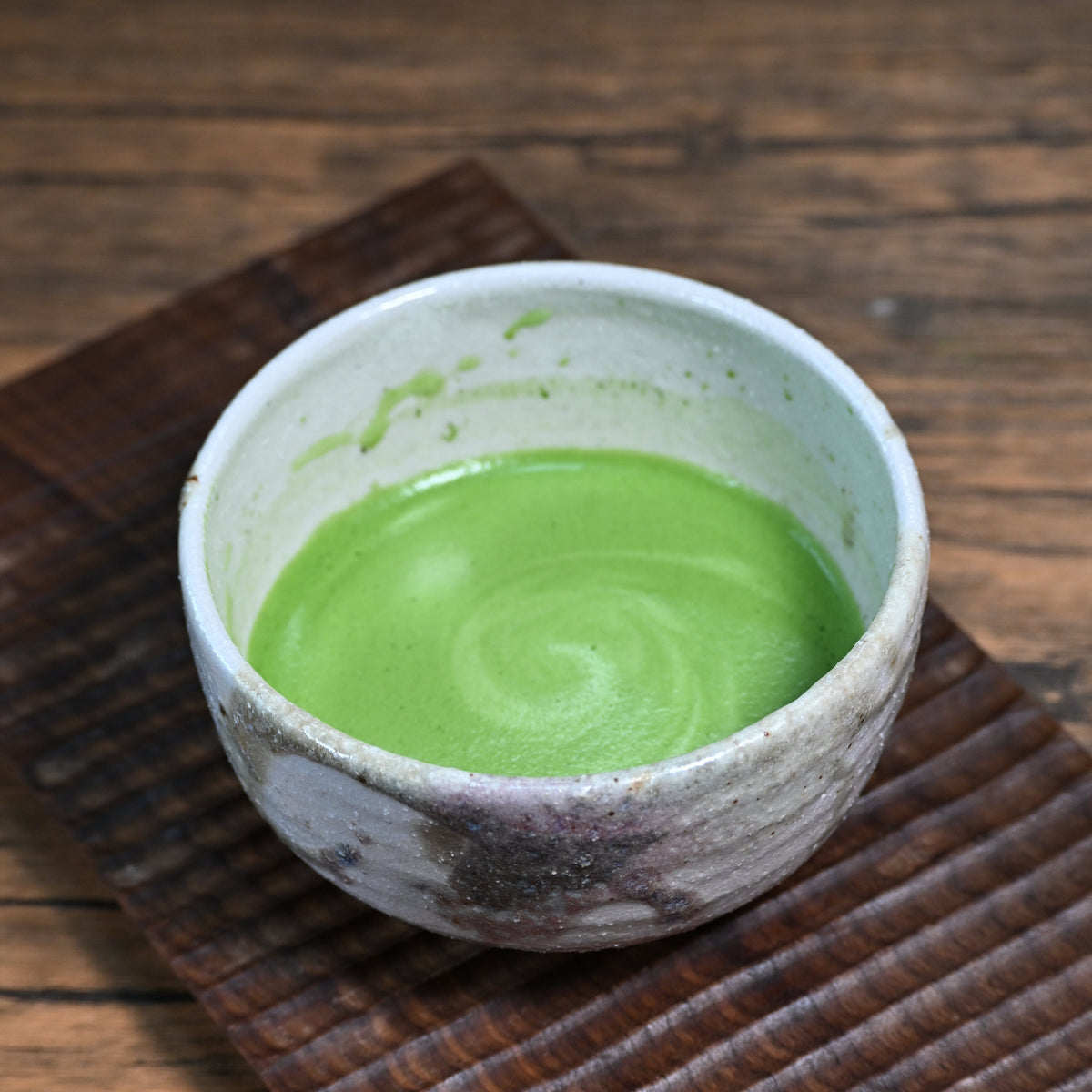 4-piece Japanese matcha starter set with Kyoto chawan, purple bamboo chasen whisk and scoop